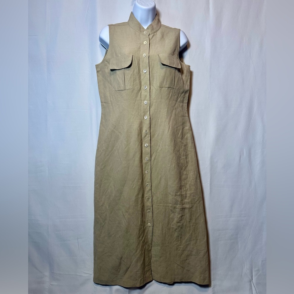 Eileen Fisher NWT Dress Tan Linen Silk Maxi Button Front Sleeveless Shift